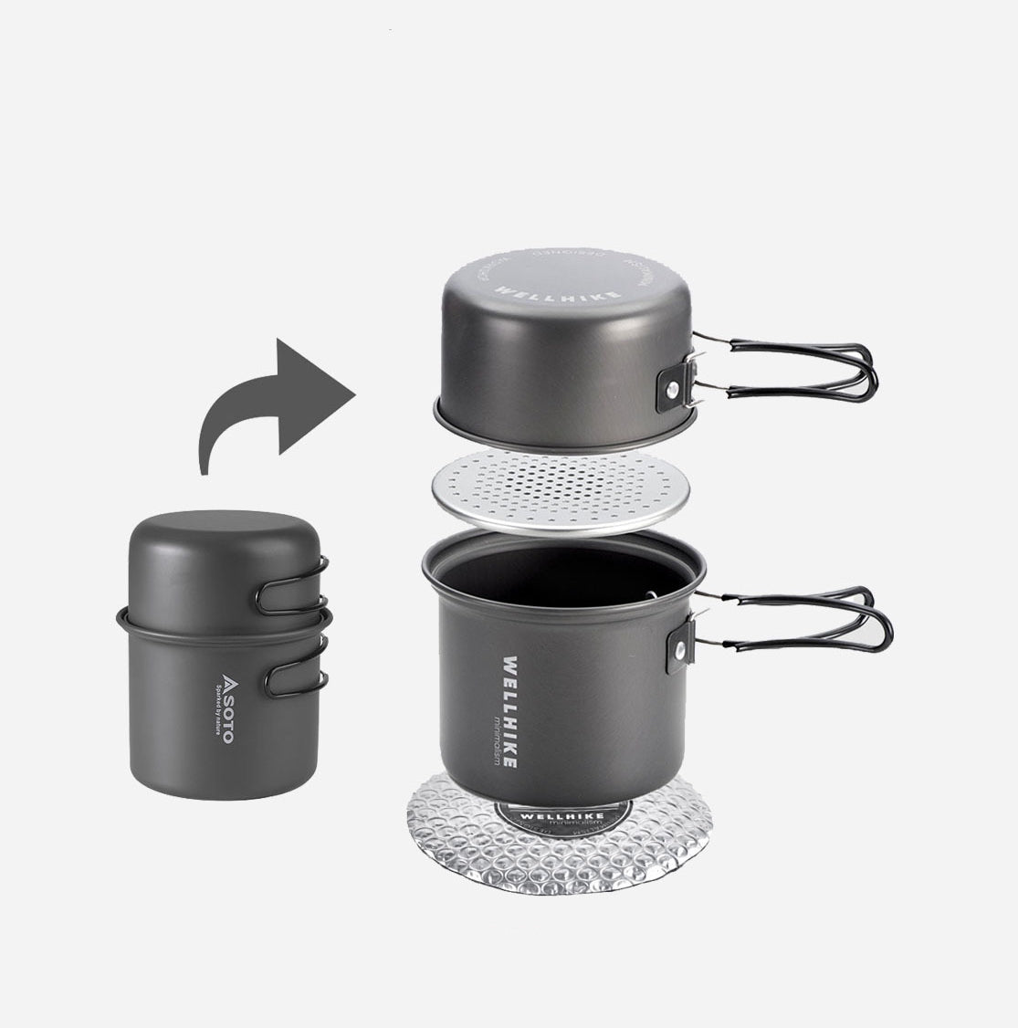 ชุดเครื่องครัวตั้งแคมป์น้ำหนักเบา 2 ชิ้น WELLHIKE - หม้อพับอลูมิเนียมพกพา