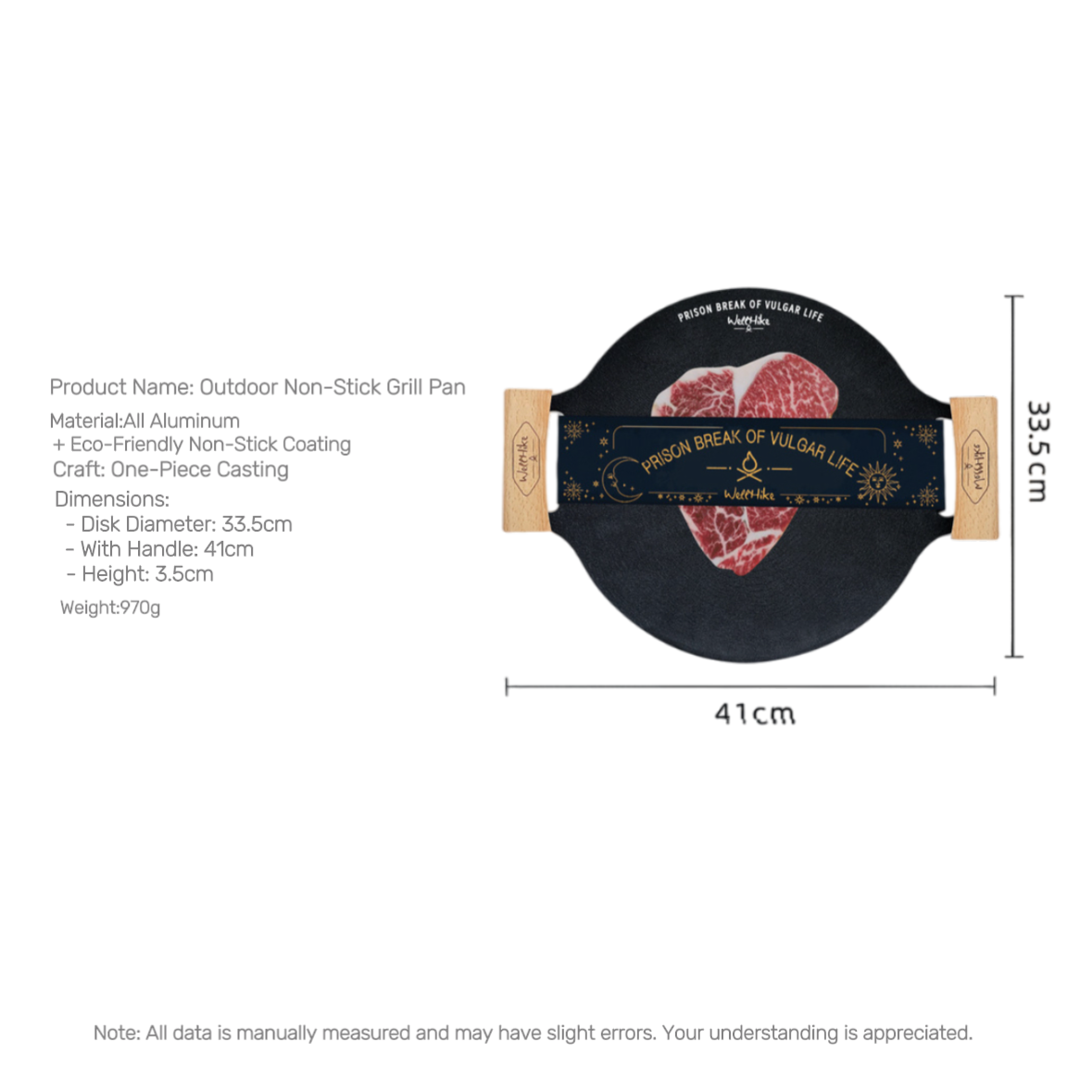 WELLHIKE Outdoor Camping BBQ Grill Pan – Non-Stick Round Griddle with Wooden Handle for Portable Gas Stoves